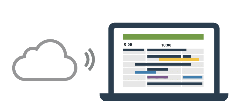 予約台帳が表示されたPCにクラウドからデータが送信されているイラスト