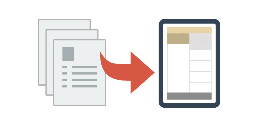 紙のカステが矢印でタブレットの電子カルテに置き換わっているイラスト