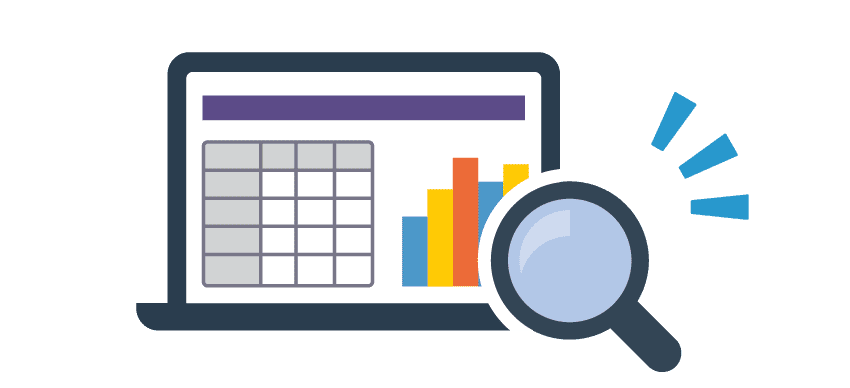 POSの分析画面が表示されたPCに虫眼鏡が注目しているイラスト