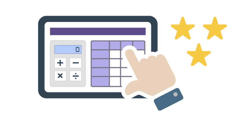 POS画面が表示されたタブレットを操作する手と三つ星のイラスト