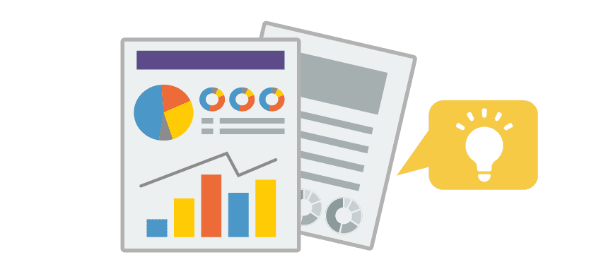 様々なデータが記載された2枚の紙に、電球の吹き出しで気づきを表しているイラスト