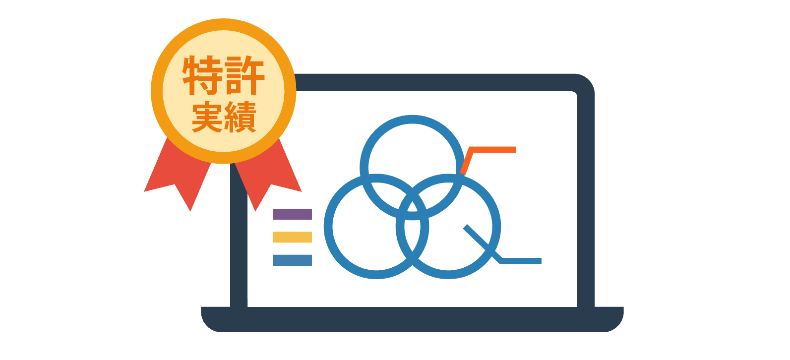 特許マーク付きのPCの画面がデータを分析しているイラスト